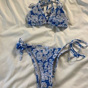 blue and white floral bikini